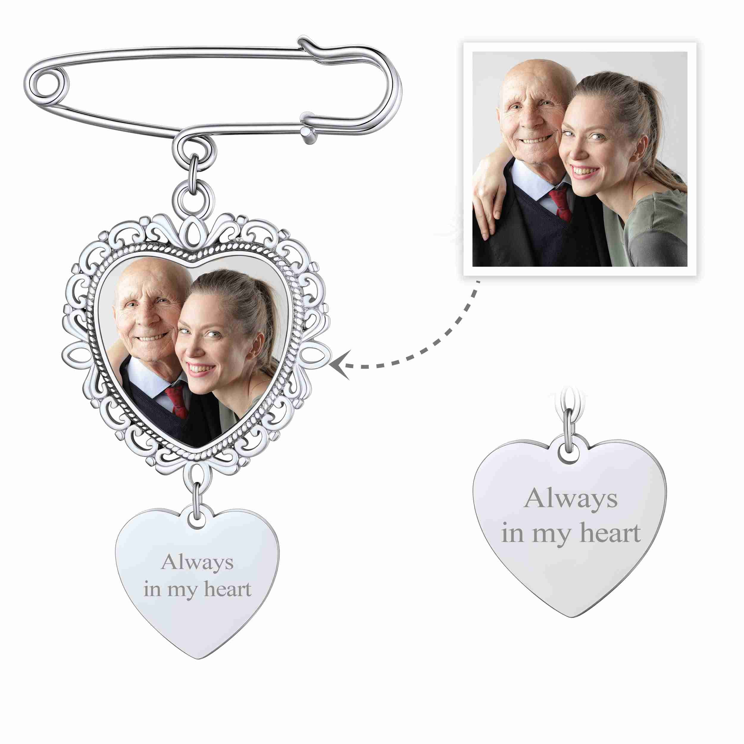 Customized Heart Picture Charms Brooch Bouquet Pins Wedding