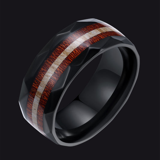 8mm Wood Grain Inlay Black Band Ring for Men