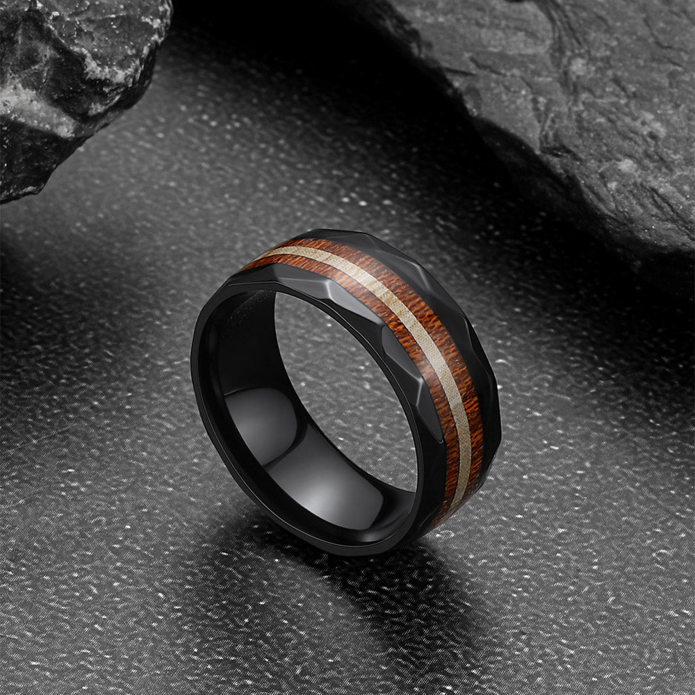 8mm Wood Grain Inlay Black Band Ring for Men