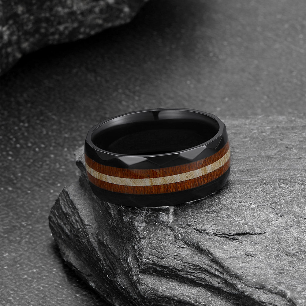 8mm Wood Grain Inlay Black Band Ring for Men