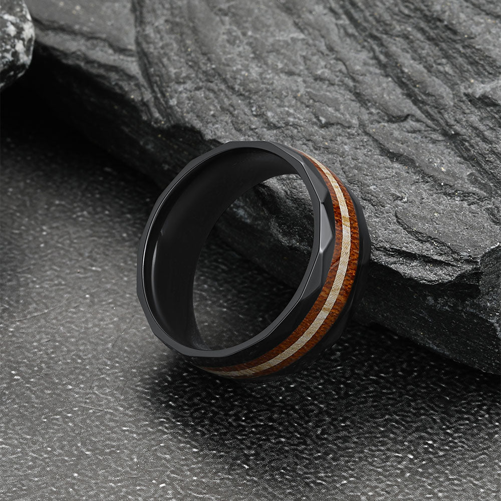 8mm Wood Grain Inlay Black Band Ring for Men