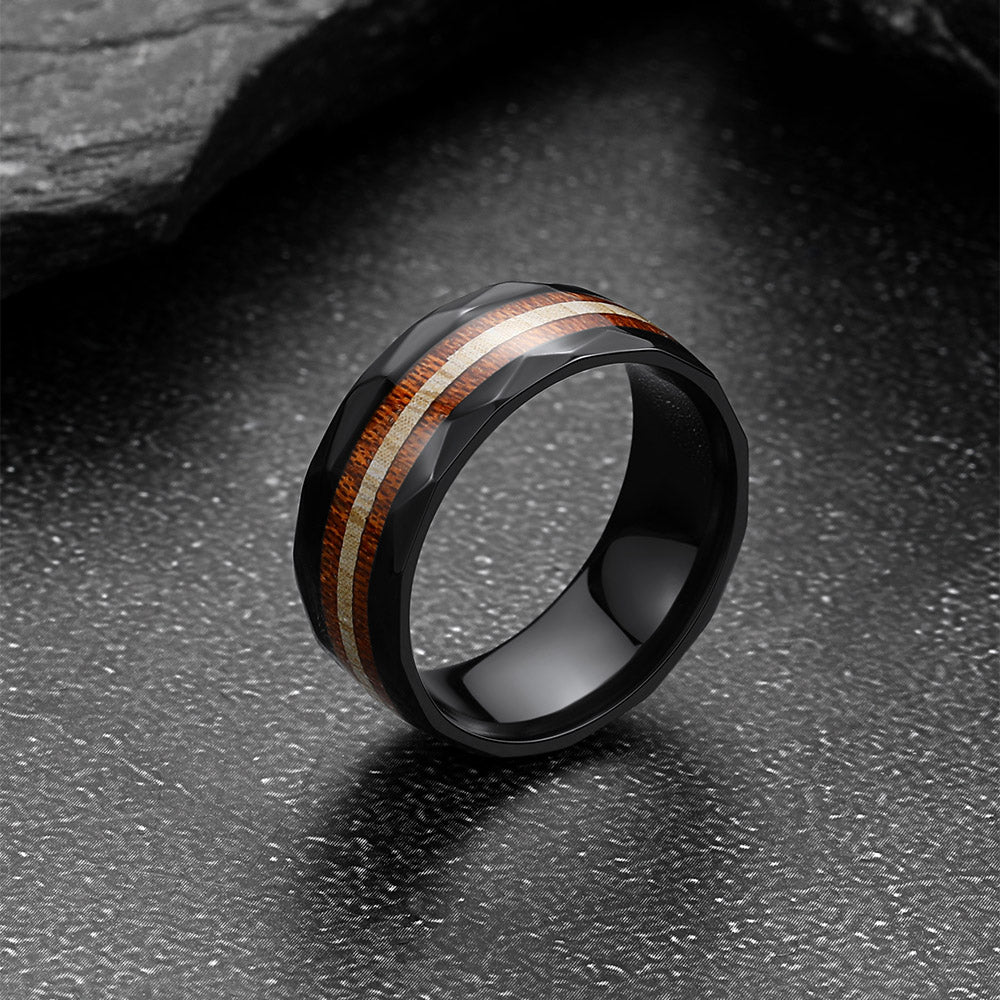 8mm Wood Grain Inlay Black Band Ring for Men