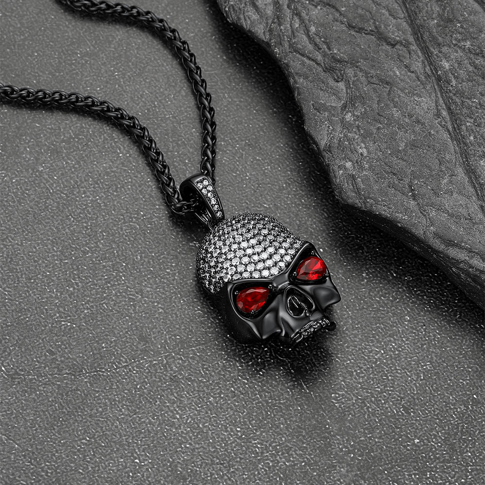 Zirconia Gothic Skull Necklace With Red Eye For Men