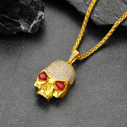 Zirconia Gothic Skull Necklace With Red Eye For Men