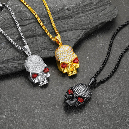 Zirconia Gothic Skull Necklace With Red Eye For Men