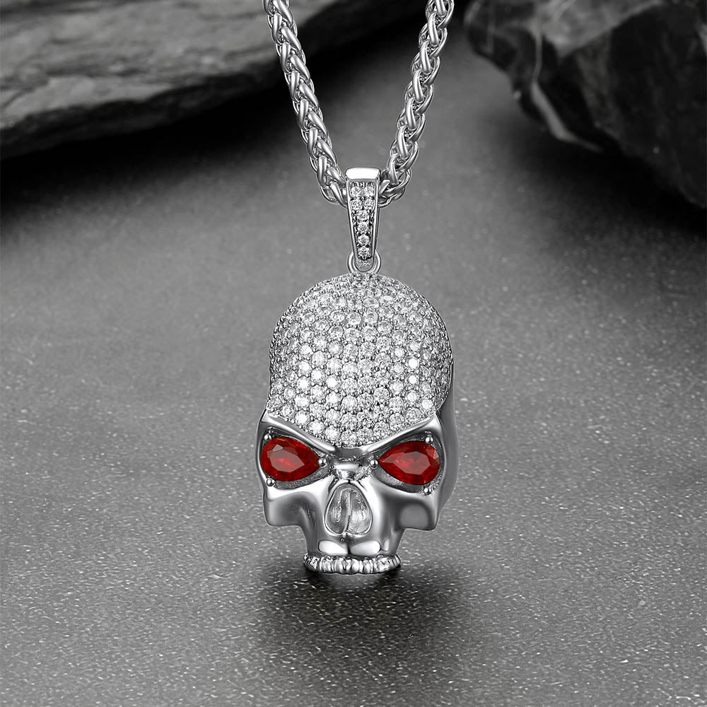 Zirconia Gothic Skull Necklace With Red Eye For Men