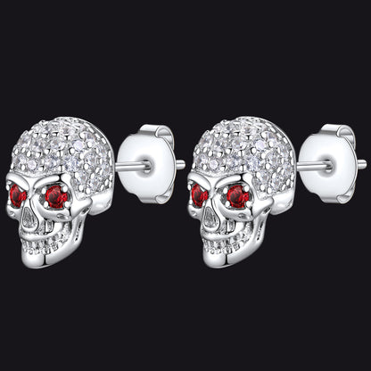 Zirconia Gothic Red Eye Stud Skull Earrings For Men
