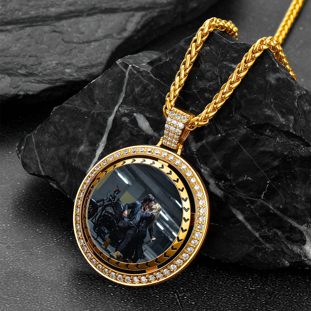 Custom Gold Zirconia Spinner Picture Necklace Pendant