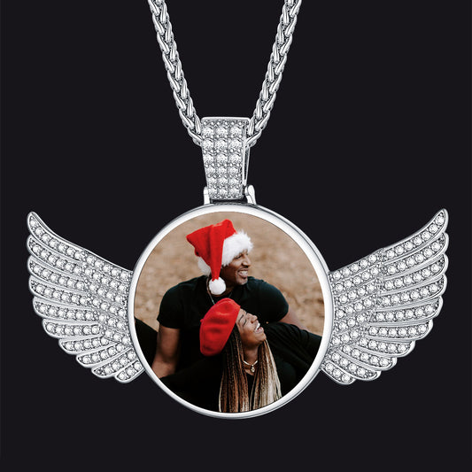 Personalized Angel Wings Picture Necklace with CZ Gift for Men Women