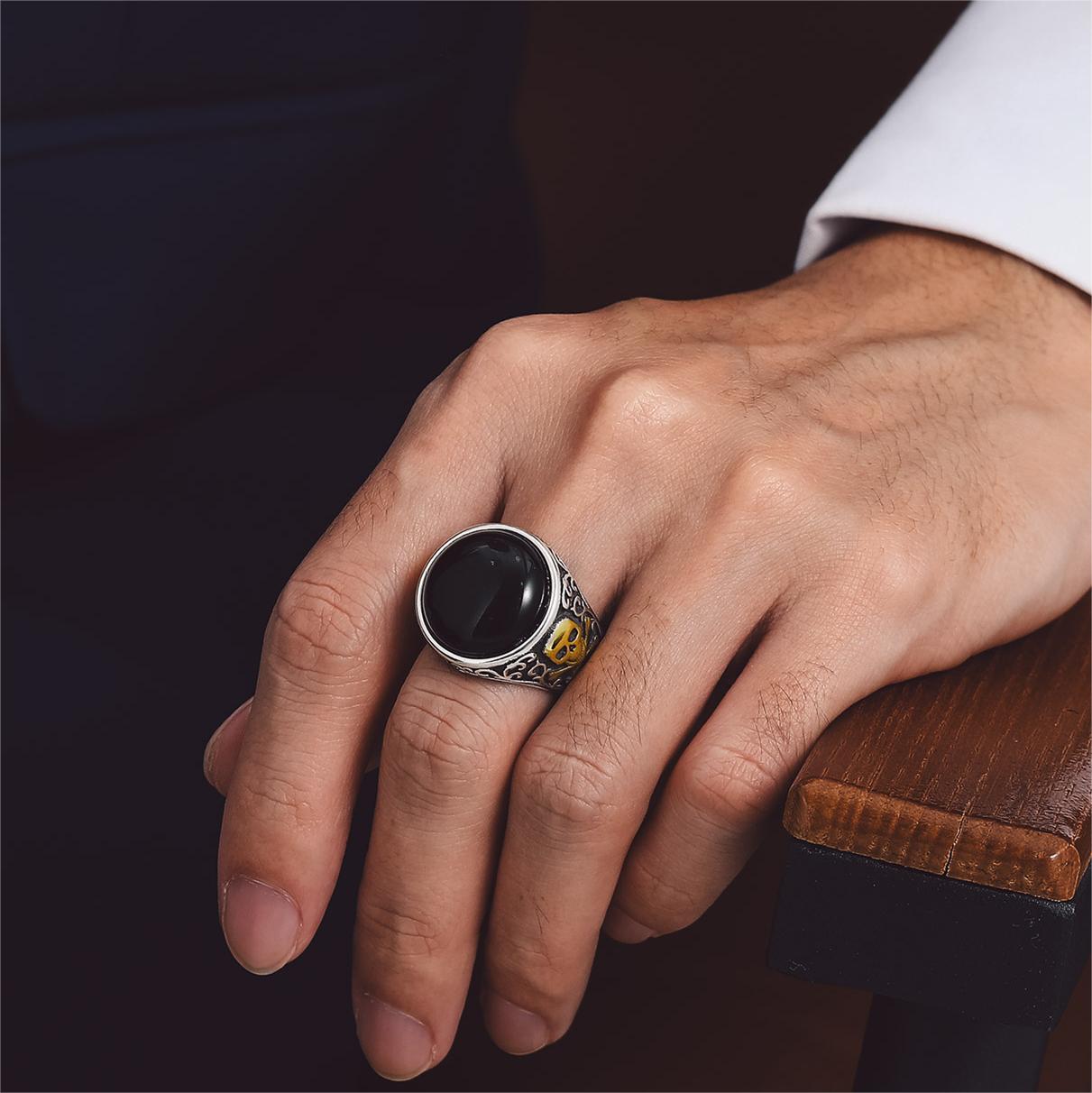 Black Onyx Signet Ring with Skull for Men