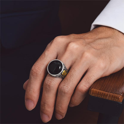 Gothic Black Onyx Signet Ring with Skull for Men