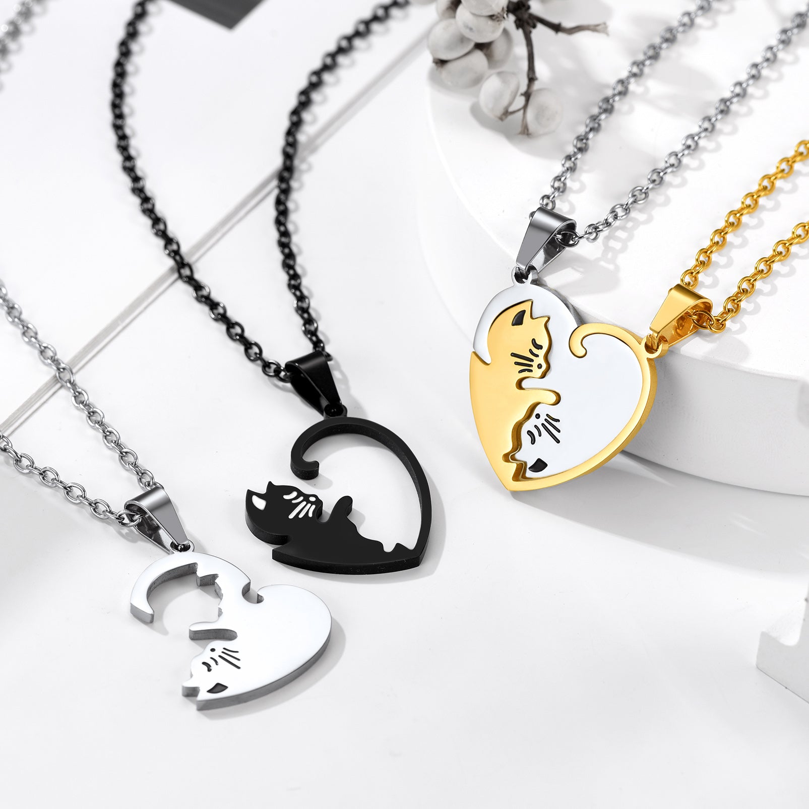 Custom Cat Matching Puzzle Necklace for Couples Bff Heart Pendant