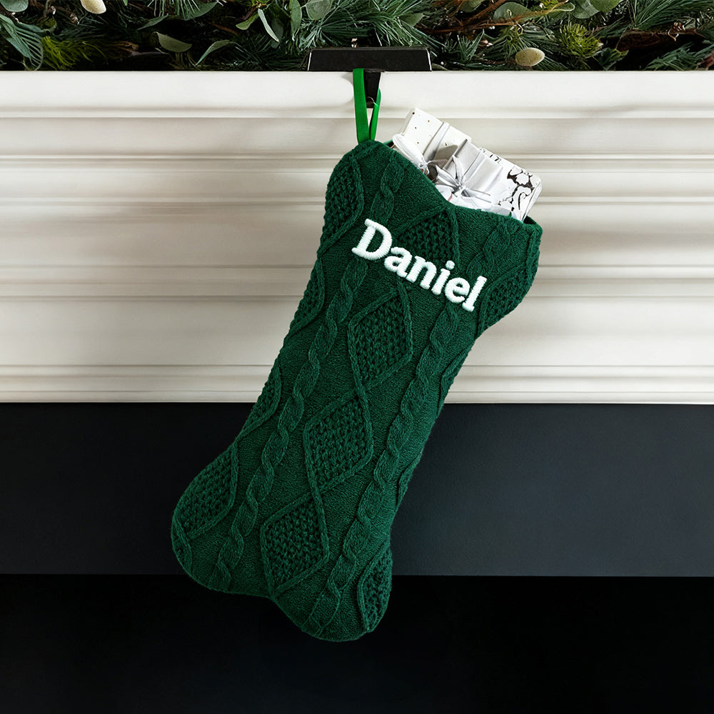 Custom Knit Bone Christmas Stocking, Embroided Engraved Name Stocking