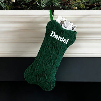 Custom Knit Bone Christmas Stocking, Embroided Engraved Name Stocking