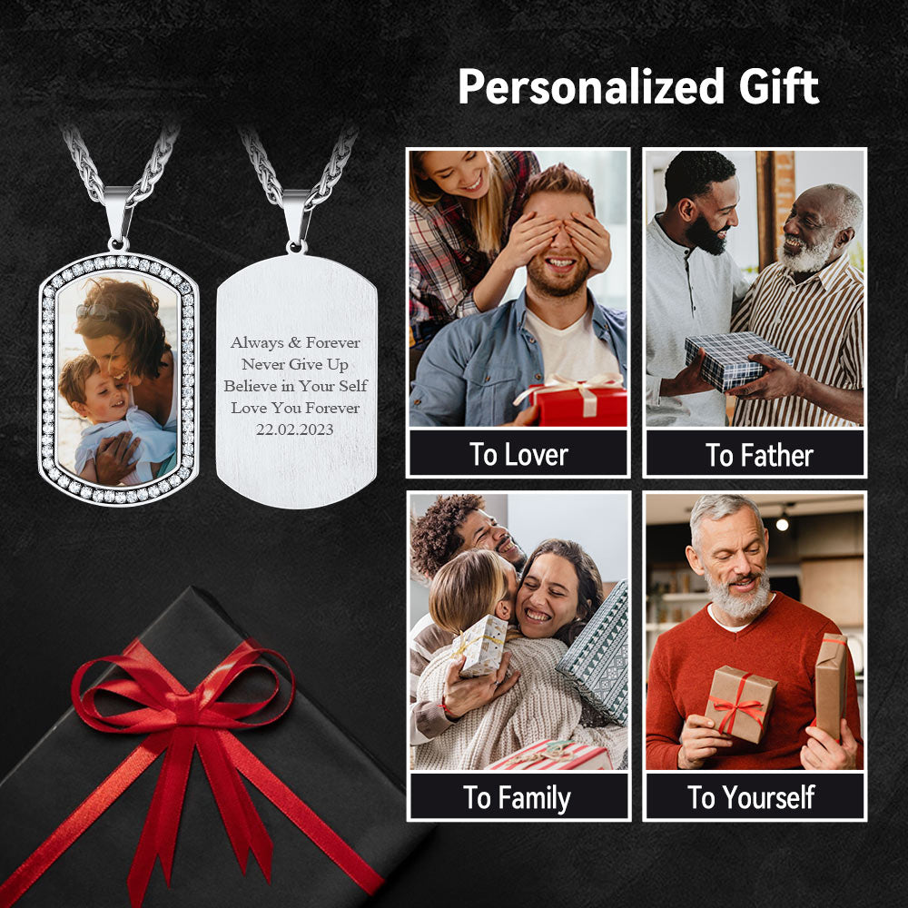 Customized Picture Dog Tag Necklace with Cubic Zirconia Memorial Gift