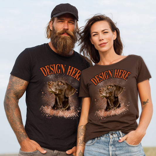 Man and woman wearing matching t-shirts with a dog graphic and 'Design Here' text.img