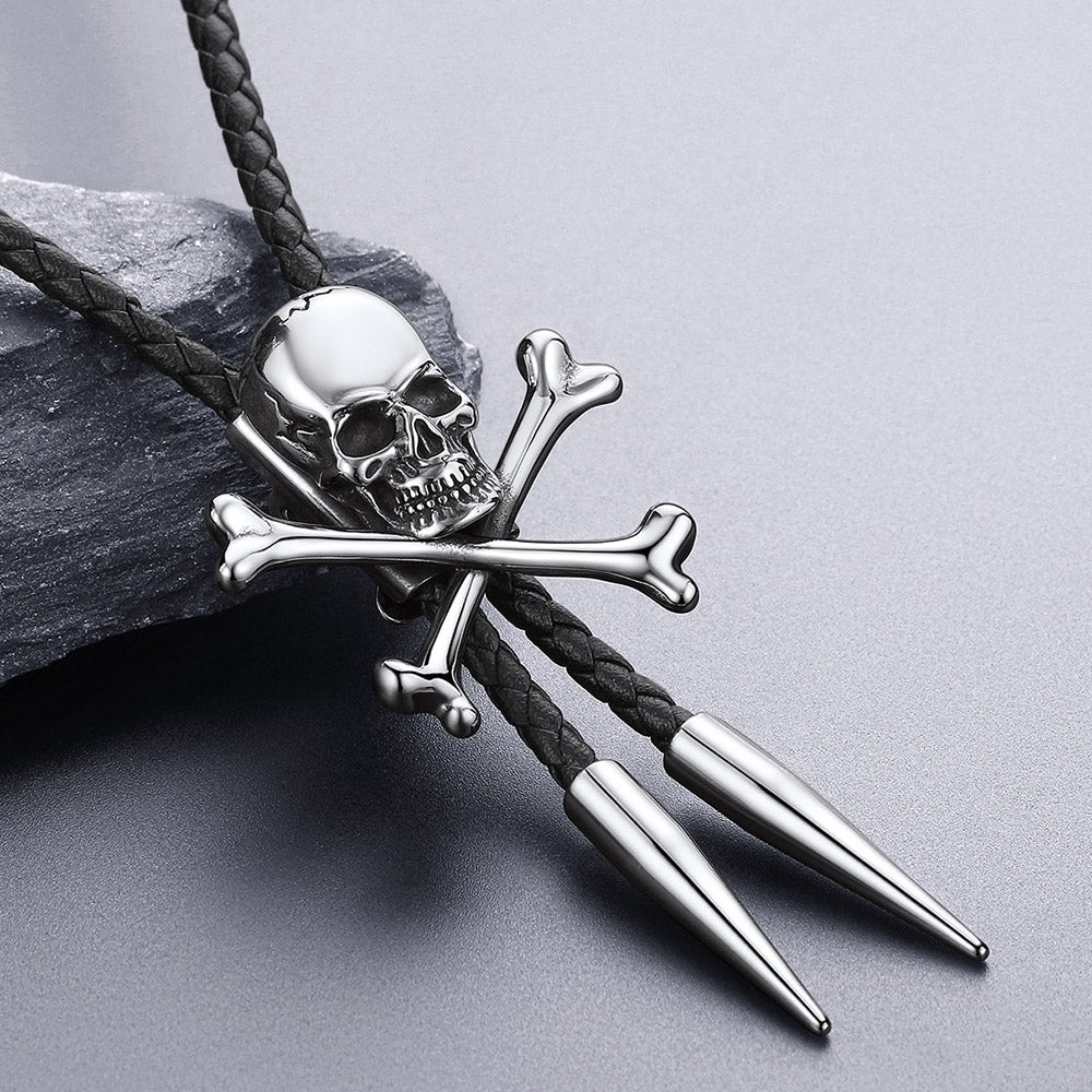FaithHeart Crossbone Skull Genuine Leather Vintage Necktie for Men FaithHeart