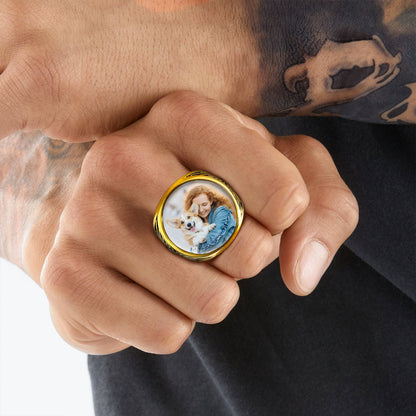 Chevalière triquetra celtique personnalisée avec photo pour homme