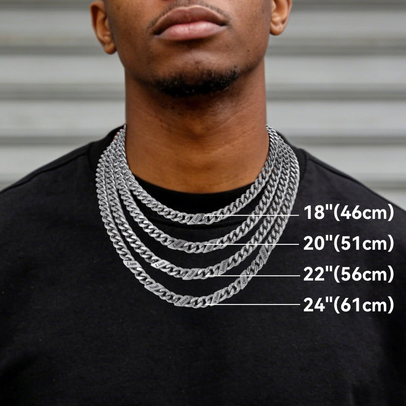 Man wearing a silver chain necklace with measurements displayed