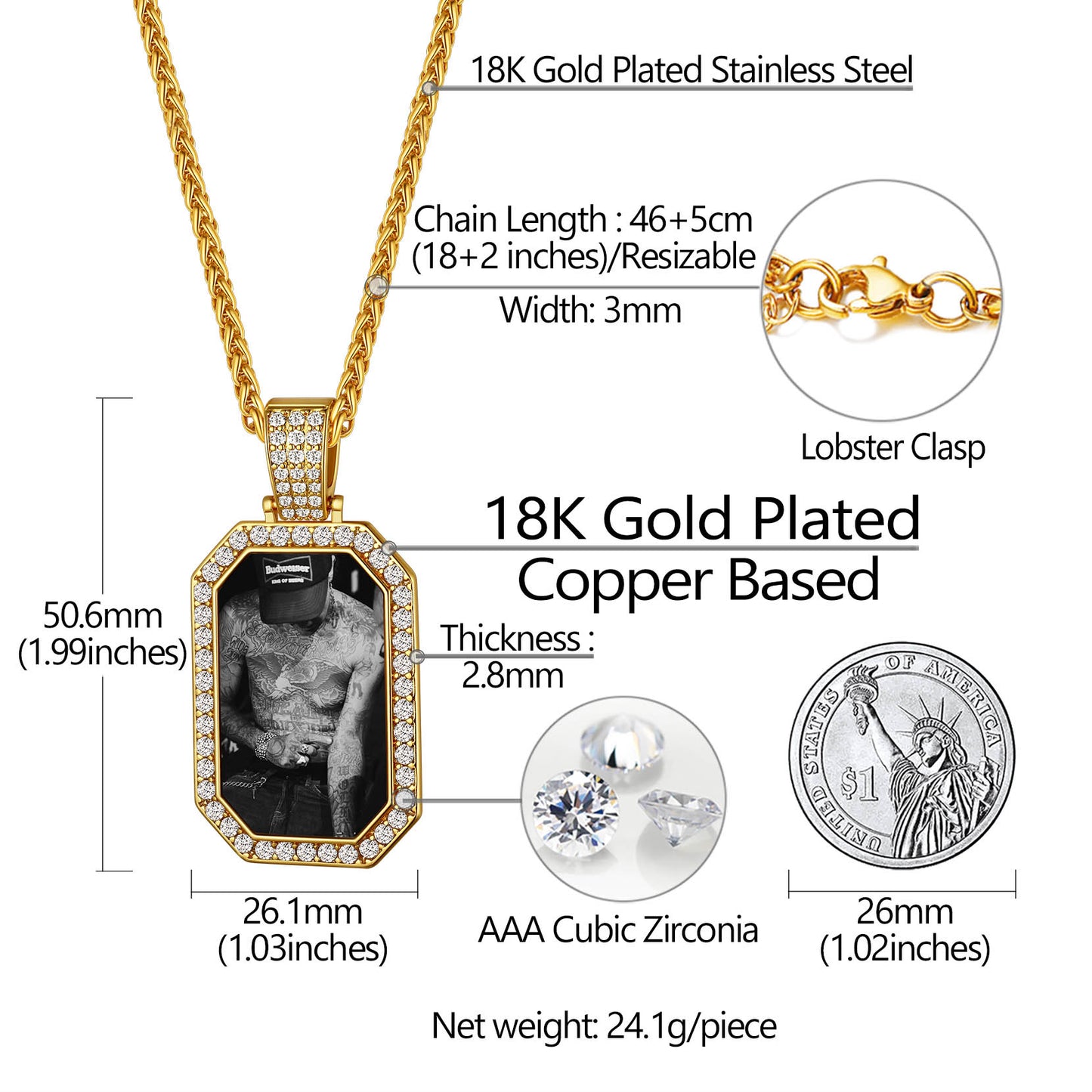 Personalied Memorial Picture Dog Tag Necklace with Zirconia for Men Women