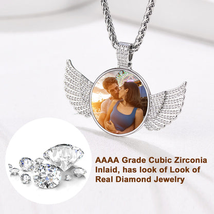 Personalized Angel Wings Picture Necklace with CZ for Men Women