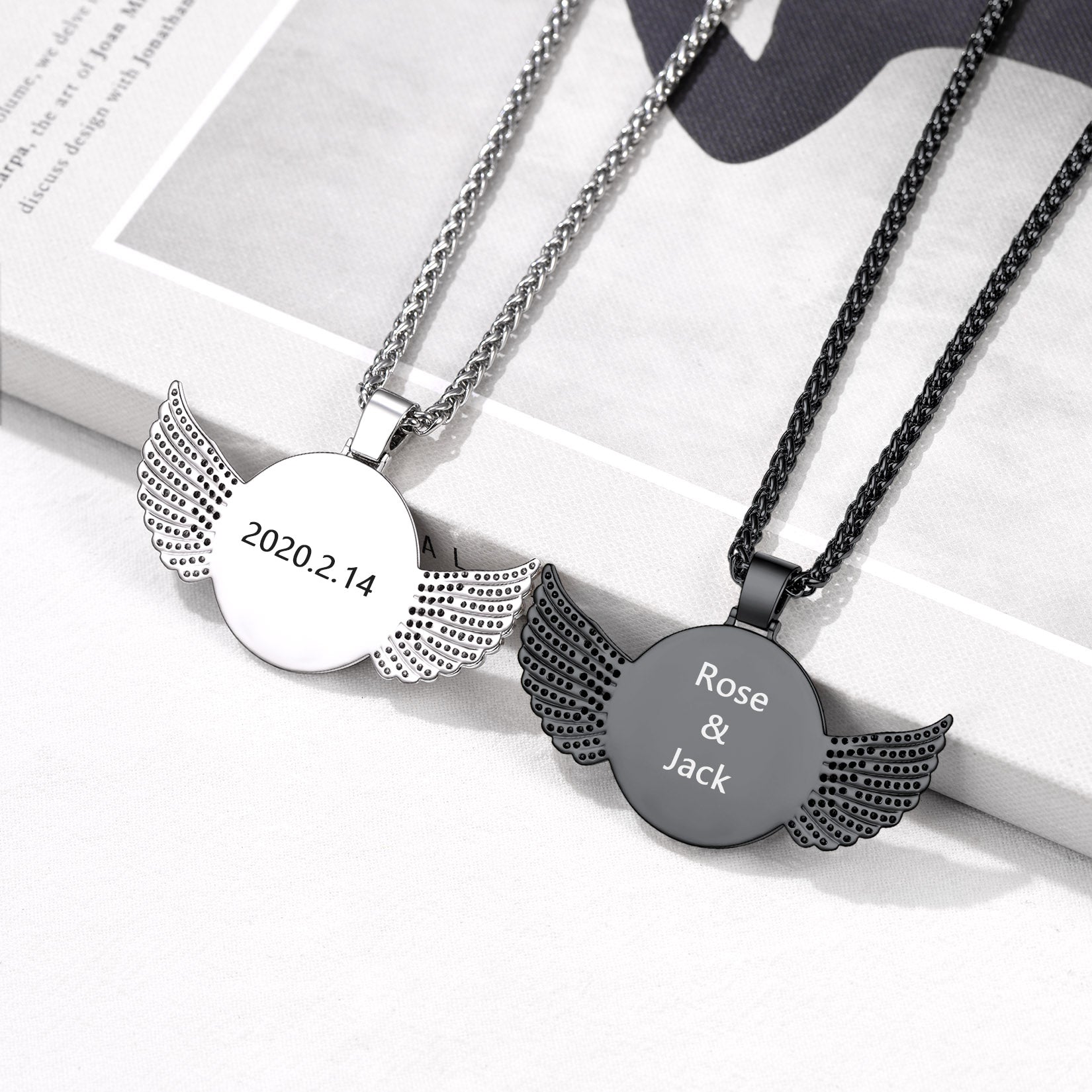 Personalized Angel Wings Picture Necklace with CZ Gift for Men Women