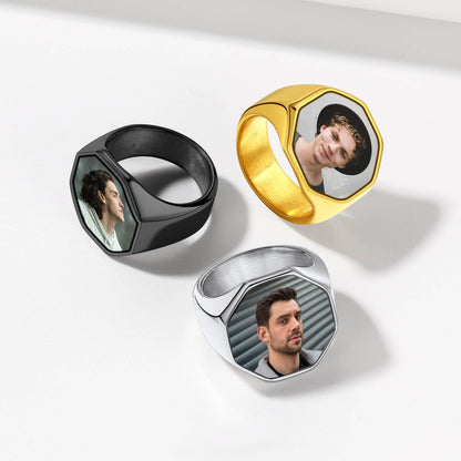 Personalized Octagon Signet Ring with Photo for Men