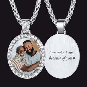 Oval photo necklace for men with custom engraving and picture of father and son