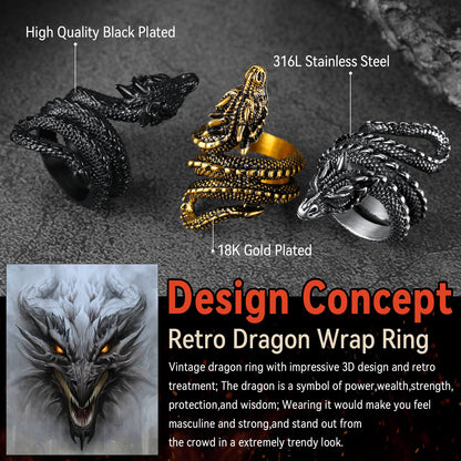 Punk Coiled Dragon Stainless Steel Ring for Men Women