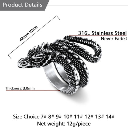 Punk Coiled Dragon Stainless Steel Ring for Men Women