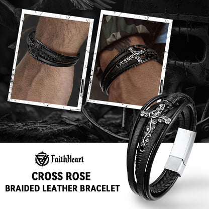 Black Rose Cross Braided Leather Bracelet for Men