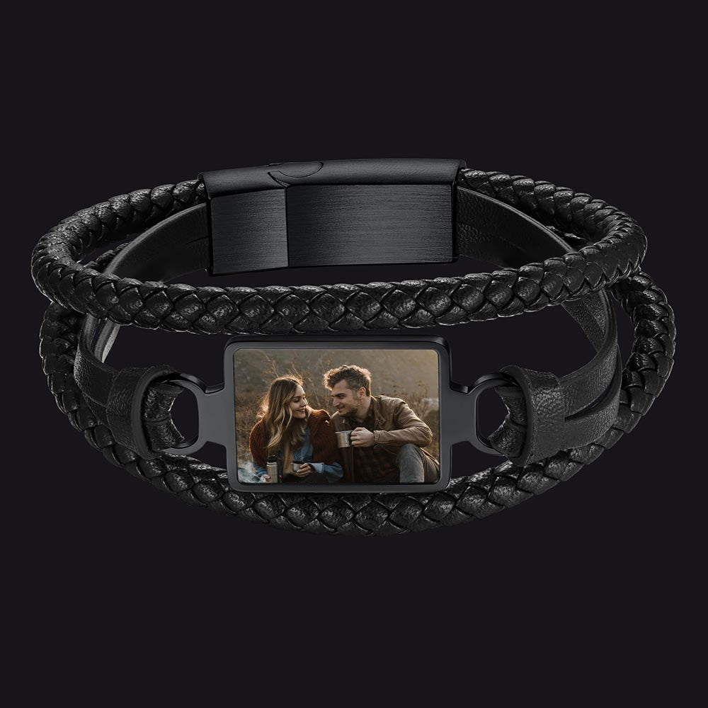 FatihHeart Personalized Picture Black Leather Bracelet for Men