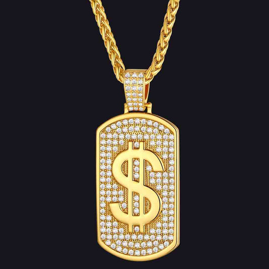 FaithHeart Hip Hop Dollar Design Cubic Zirconia Bling Dog Tag Necklaces FaithHeart