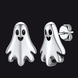Stainless Steel Ghost-shaped silver earrings on a black background