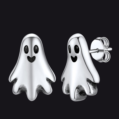 Stainless Steel Ghost-shaped silver earrings on a black background