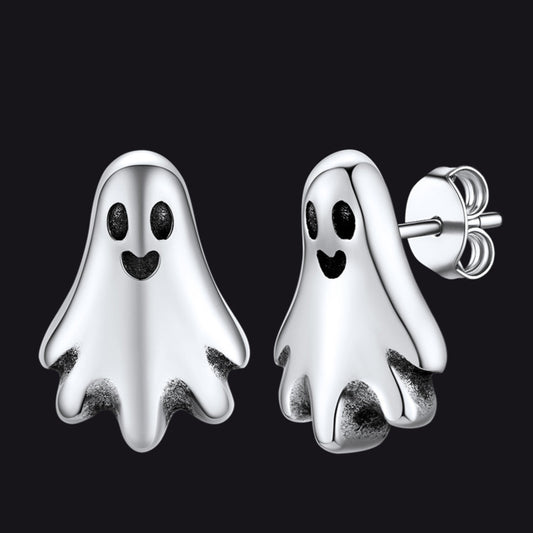 Stainless Steel Ghost-shaped silver earrings on a black backgroundimg