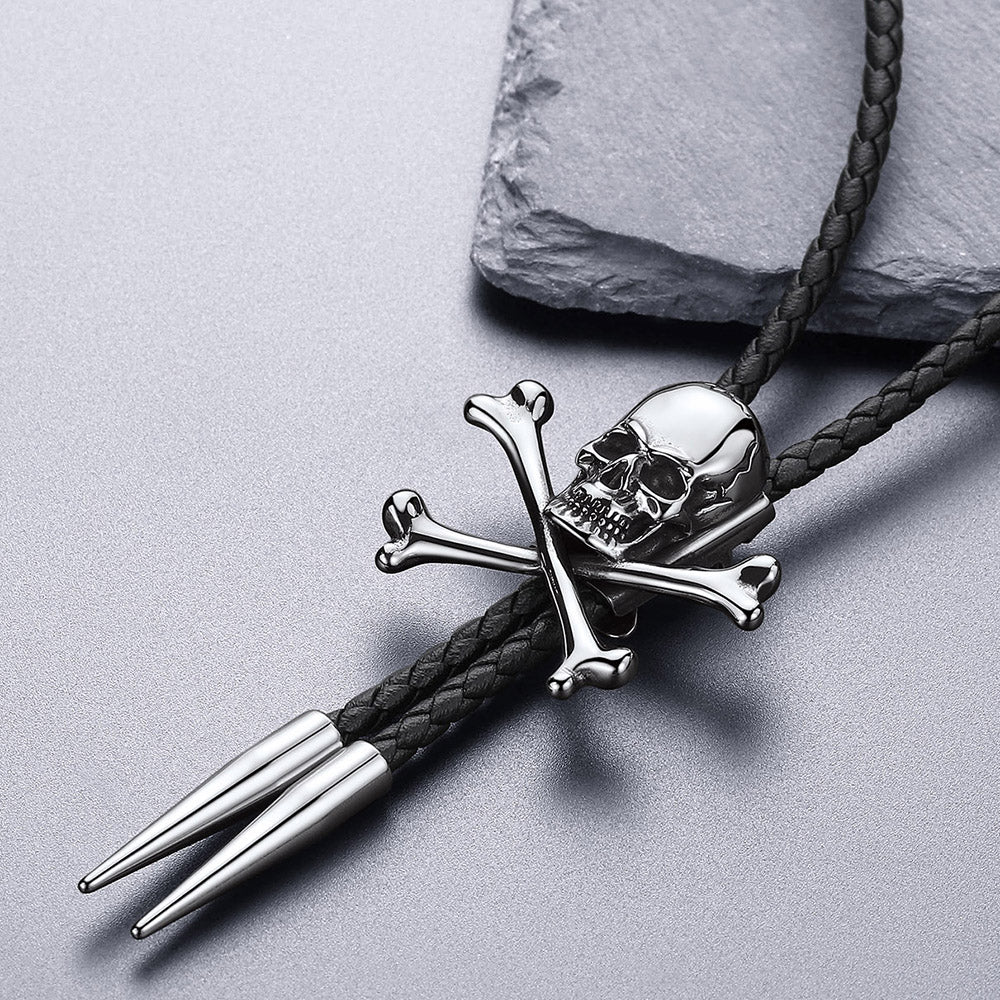 FaithHeart Crossbone Skull Genuine Leather Vintage Necktie for Men FaithHeart