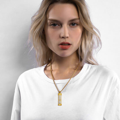 Woman wearing Hourglass Urn Necklace - Cremation Keepsake