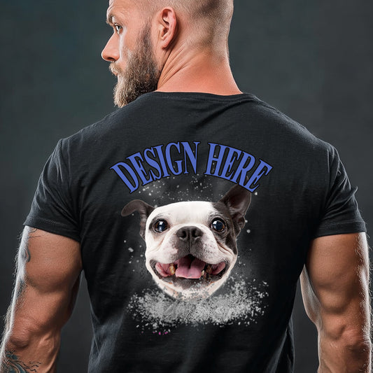 Man wearing a black t-shirt with a dog graphic and 'Design Here' text on the back against a dark backgroundimg