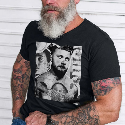 Man wearing a black t-shirt with a graphic design of a man with tattoos and a beard.img