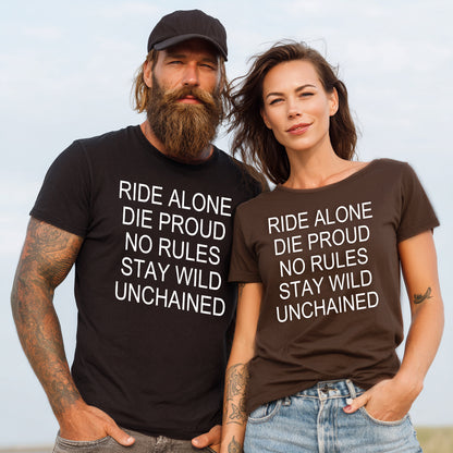 Man and woman wearing t-shirts with similar text design outdoors.