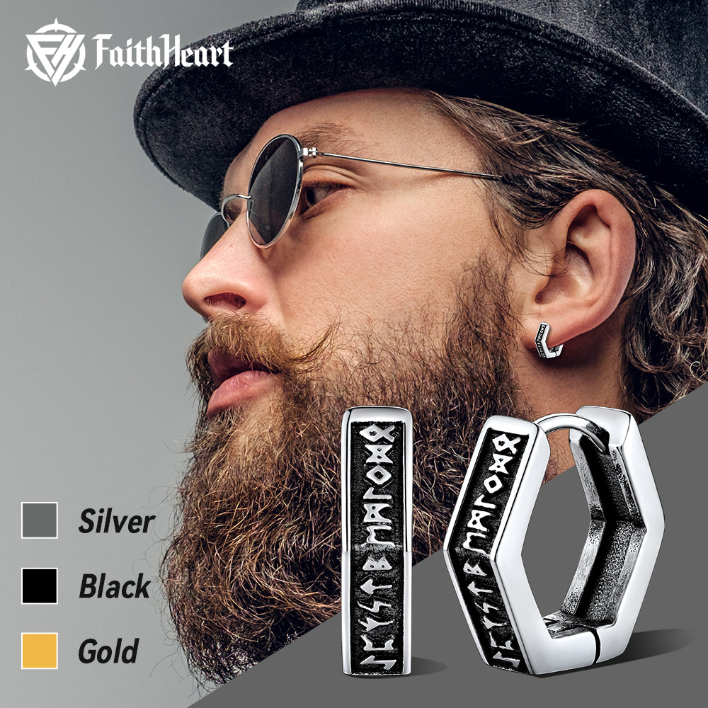 FaithHeart Viking Hexagon Runes Hoop Earrings For Men FaithHeart