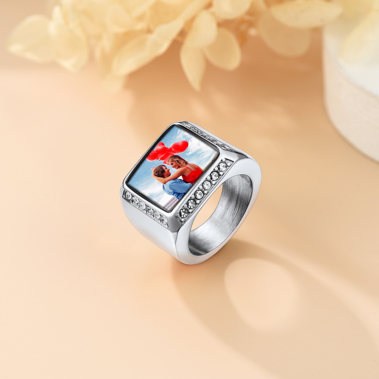 FaithHeart Personalized Pictures Name Engraving Stainless Steel Square Signet Ring FaithHeart
