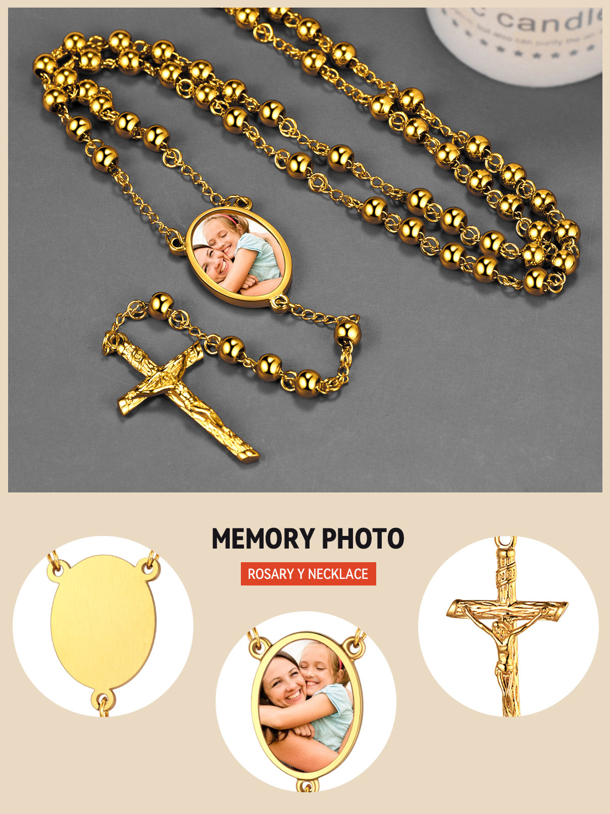 Customized Rosary Beads Cross Necklace with Picture for Women Men