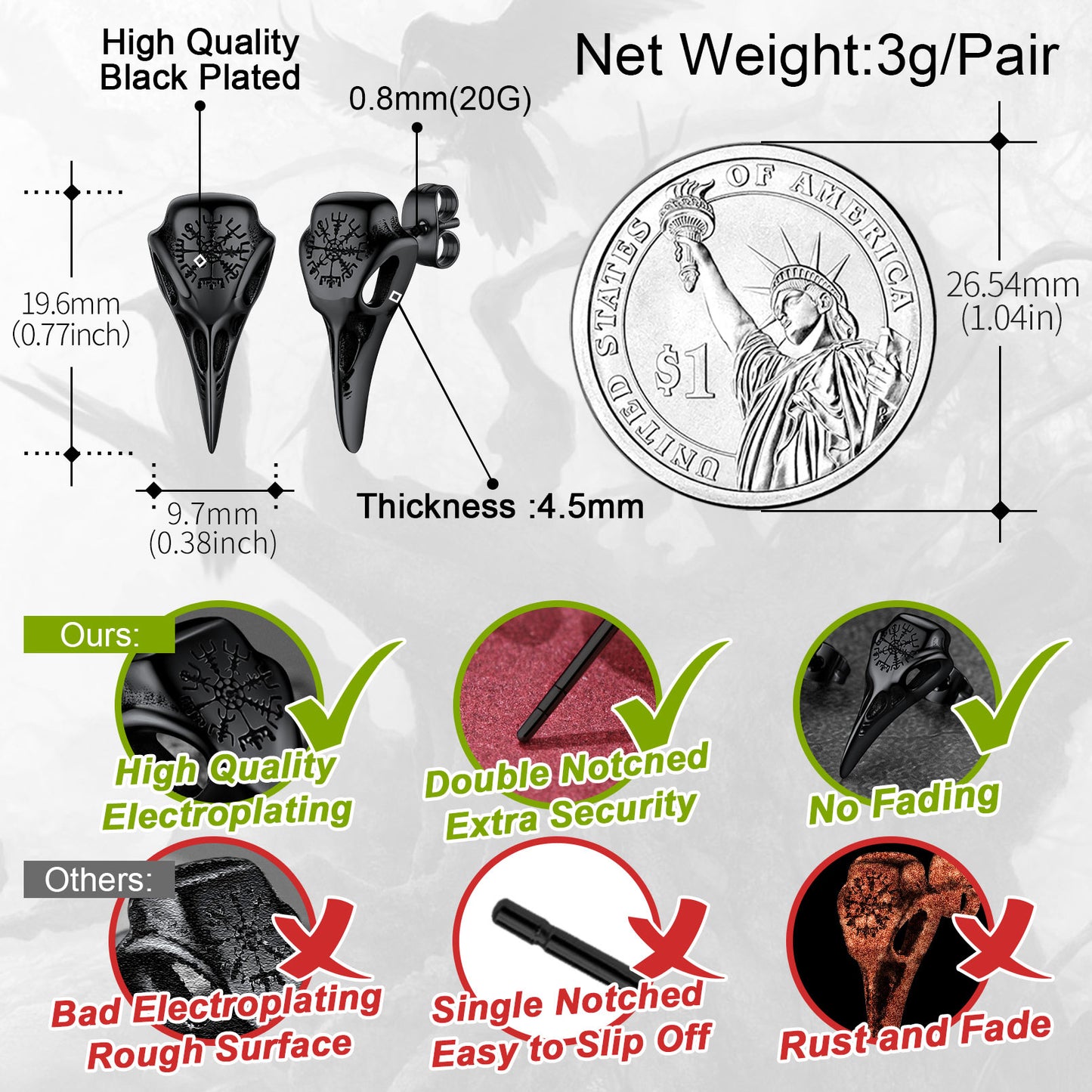 Viking Raven Skull Stud Earrings With Viking Vegvisir For Men Women