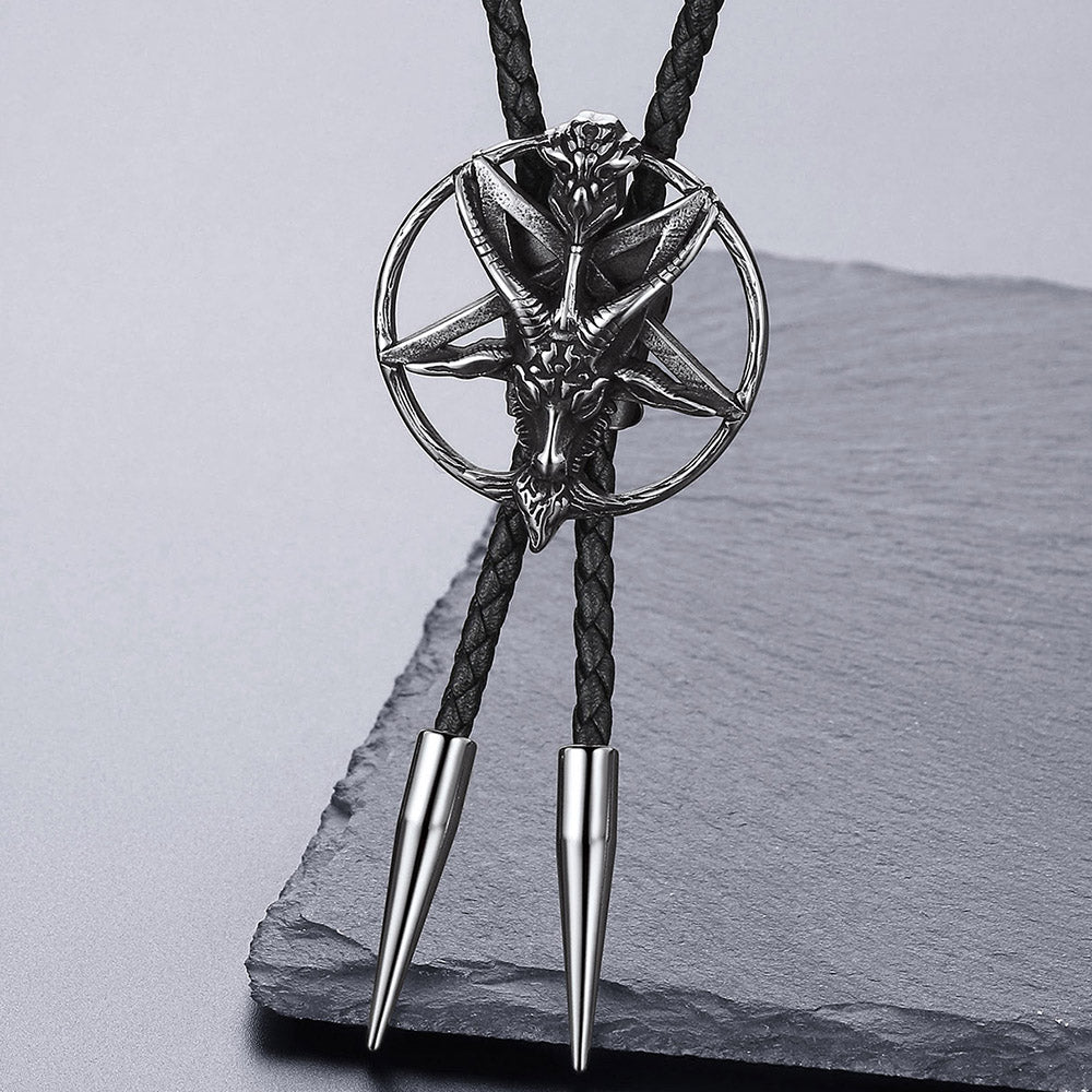 FaithHeart Baphomet Pentagram Genuine Leather Vintage Necktie for Men FaithHeart