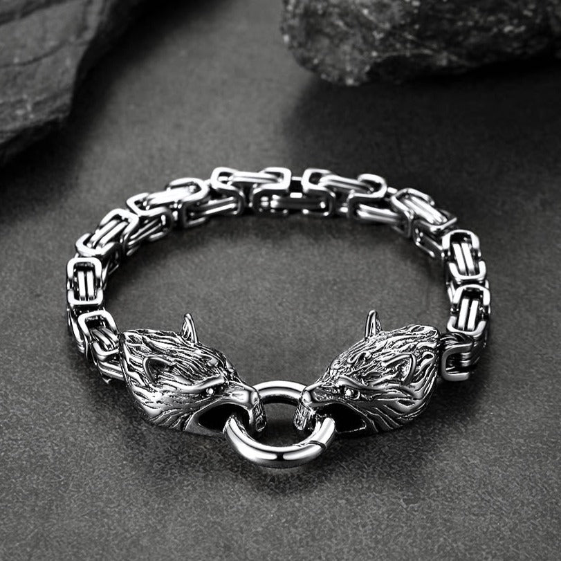 FaithHeart Norse Wolf Head Bracelet Stainless Steel Viking Chain FaithHeart