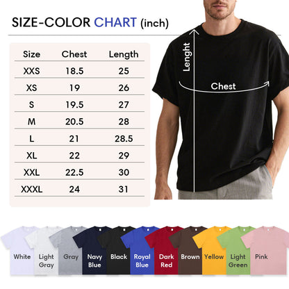 Size-color chart for shirts with a man wearing a black shirt and color swatches below.
