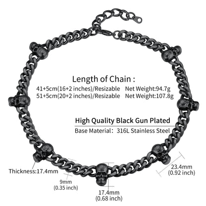 Gothic Skull Cuban Link Chain Choker Necklace for Men Women 9MM Width