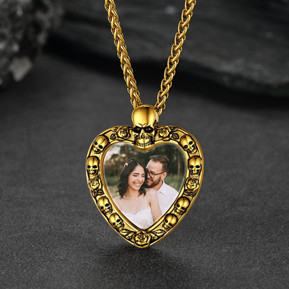 Customized Memorial Heart Photo Necklace with Skull for Men Women